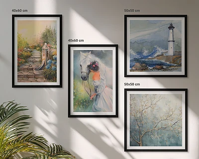 Set de cuadros modernos para salón con diseño de paisaje de faro, niña y caballo