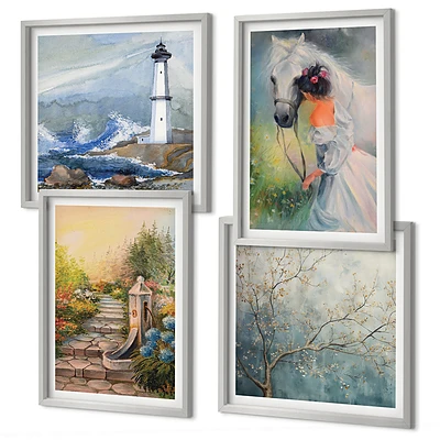 Set de cuadros modernos para salón con diseño de paisaje de faro, niña y caballo