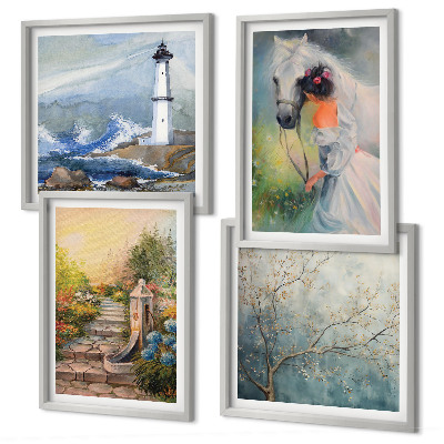 Set de cuadros modernos para salón Paisaje de faro Niña Caballo