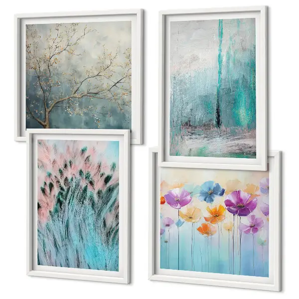 Set de 4 cuadros para salón con patrones de flores en tonos pastel