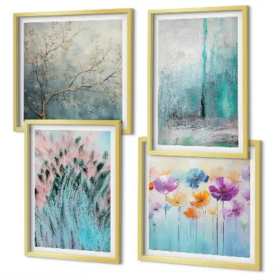 Set de 4 cuadros para salón con patrones de flores en tonos pastel