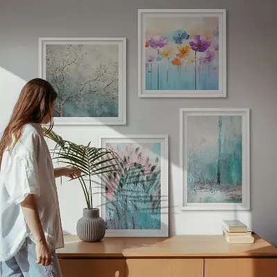 Set de 4 cuadros para salón con patrones de flores en tonos pastel