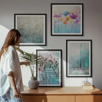 Set de 4 cuadros para salón con patrones de flores en tonos pastel