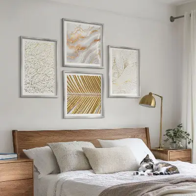 Set de cuadros modernos para salón diseño abstracto de mármol con patrones de hojas
