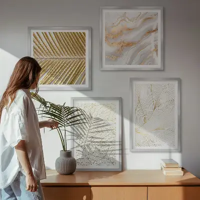 Set de cuadros modernos para salón diseño abstracto de mármol con patrones de hojas