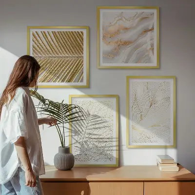 Set de cuadros modernos para salón diseño abstracto de mármol con patrones de hojas