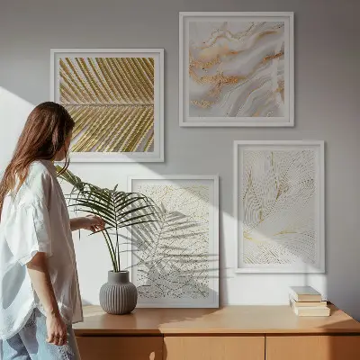 Set de cuadros modernos para salón diseño abstracto de mármol con patrones de hojas