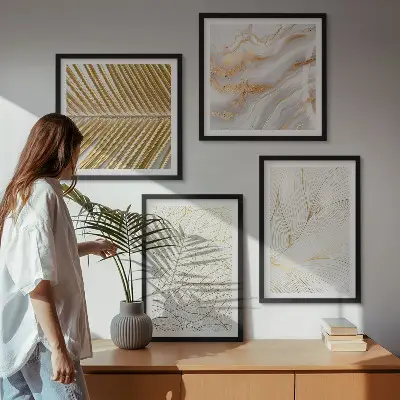 Set de cuadros modernos para salón diseño abstracto de mármol con patrones de hojas