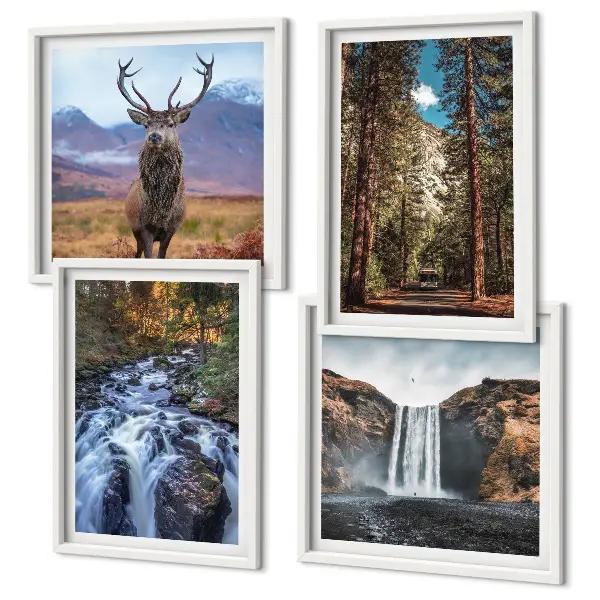 Set de cuadros modernos para salón con diseño de cascada, bosque, montañas y ciervo