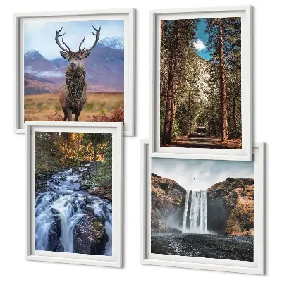 Set de cuadros modernos para salón con diseño de cascada, bosque, montañas y ciervo