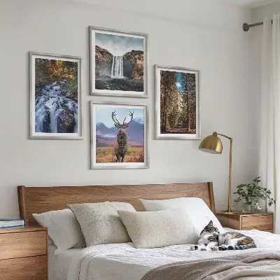 Set de cuadros modernos para salón con diseño de cascada, bosque, montañas y ciervo