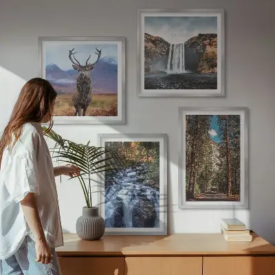 Set de cuadros modernos para salón con diseño de cascada, bosque, montañas y ciervo