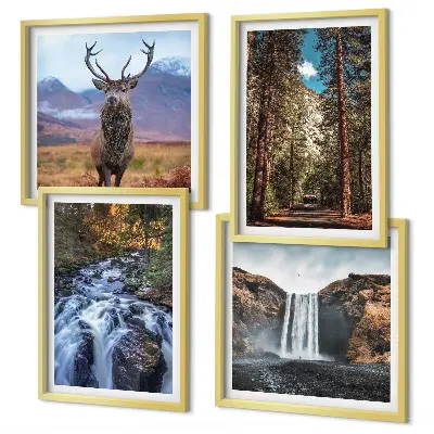 Set de cuadros modernos para salón con diseño de cascada, bosque, montañas y ciervo