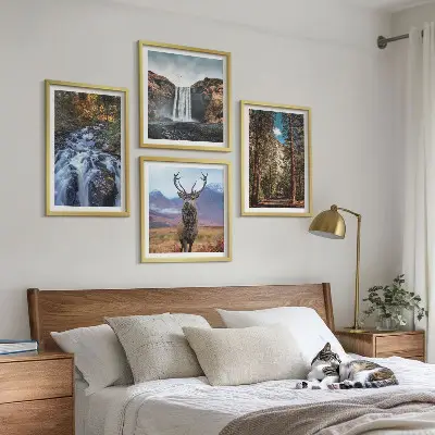 Set de cuadros modernos para salón con diseño de cascada, bosque, montañas y ciervo