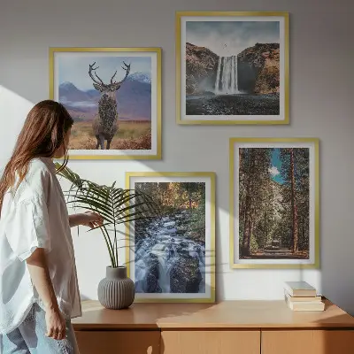 Set de cuadros modernos para salón con diseño de cascada, bosque, montañas y ciervo