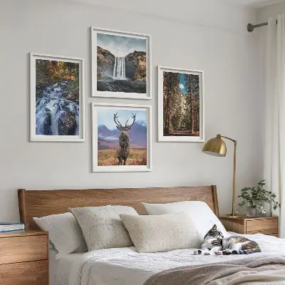 Set de cuadros modernos para salón con diseño de cascada, bosque, montañas y ciervo