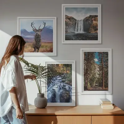 Set de cuadros modernos para salón con diseño de cascada, bosque, montañas y ciervo