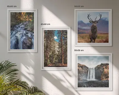 Set de cuadros modernos para salón con diseño de cascada, bosque, montañas y ciervo