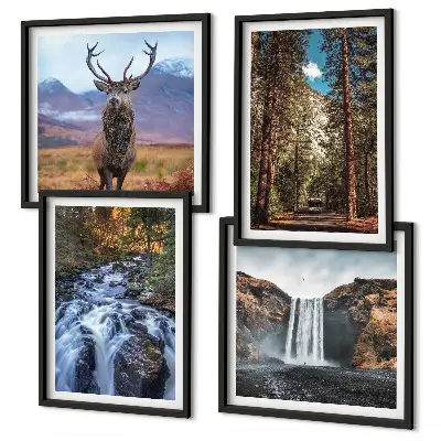 Set de cuadros modernos para salón con diseño de cascada, bosque, montañas y ciervo