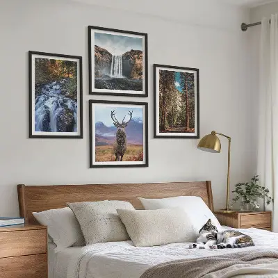 Set de cuadros modernos para salón con diseño de cascada, bosque, montañas y ciervo