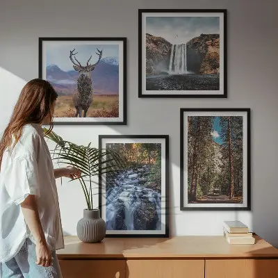 Set de cuadros modernos para salón con diseño de cascada, bosque, montañas y ciervo
