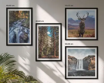 Set de cuadros modernos para salón con diseño de cascada, bosque, montañas y ciervo