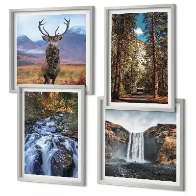 Set de cuadros modernos para salón con diseño de cascada, bosque, montañas y ciervo