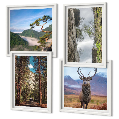 Set de 4 cuadros para salón Carretera bosque montañas ciervo naturaleza