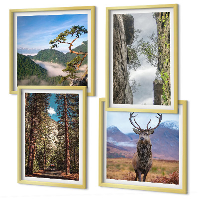 Set de 4 cuadros para salón Carretera bosque montañas ciervo naturaleza