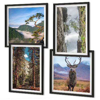 Set de 4 cuadros para salón Carretera bosque montañas ciervo naturaleza