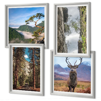 Set de 4 cuadros para salón Carretera bosque montañas ciervo naturaleza
