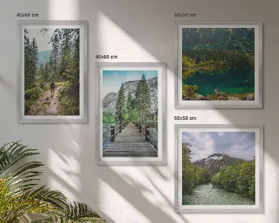 Galería de pared con motivos de montañas, lagos, bosques y senderos