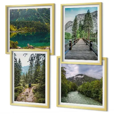 Galería de pared con motivos de montañas, lagos, bosques y senderos