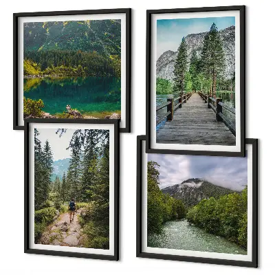 Galería de pared con motivos de montañas, lagos, bosques y senderos