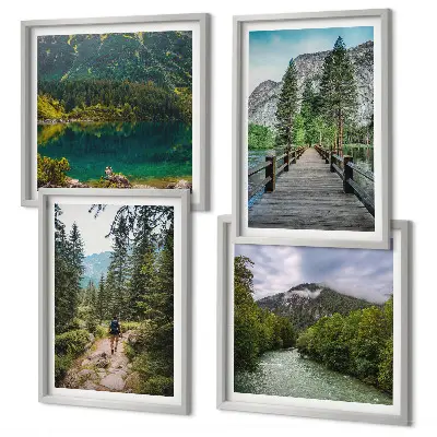 Galería de pared con motivos de montañas, lagos, bosques y senderos