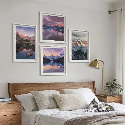 Set de cuadros modernos para salón con diseño de paisajes montañosos al fondo