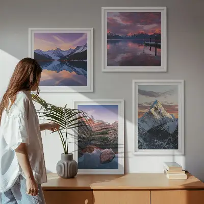 Set de cuadros modernos para salón con diseño de paisajes montañosos al fondo
