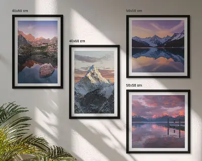 Set de cuadros modernos para salón con diseño de paisajes montañosos al fondo