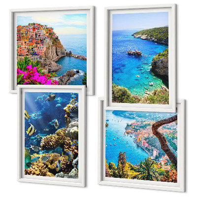 Set de 4 cuadros para salón Vistas al mar, casas coloridas
