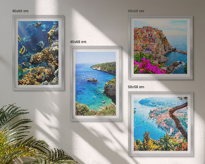 Set de 4 cuadros para salón Vistas al mar, casas coloridas