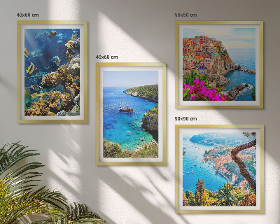 Set de 4 cuadros para salón Vistas al mar, casas coloridas