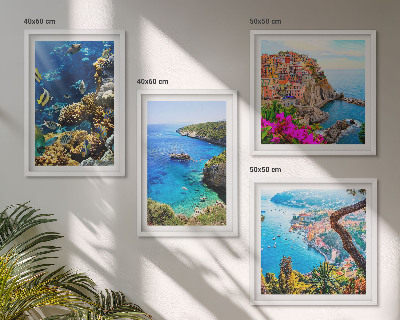 Set de 4 cuadros para salón Vistas al mar, casas coloridas