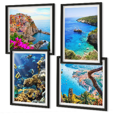 Set de 4 cuadros para salón Vistas al mar, casas coloridas