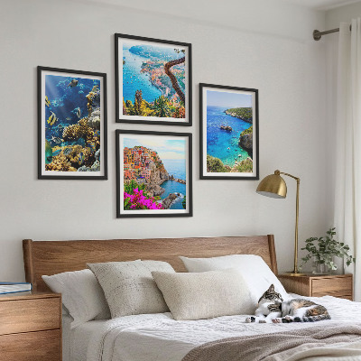 Set de 4 cuadros para salón Vistas al mar, casas coloridas