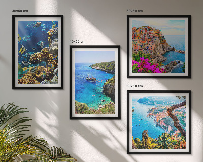 Set de 4 cuadros para salón Vistas al mar, casas coloridas
