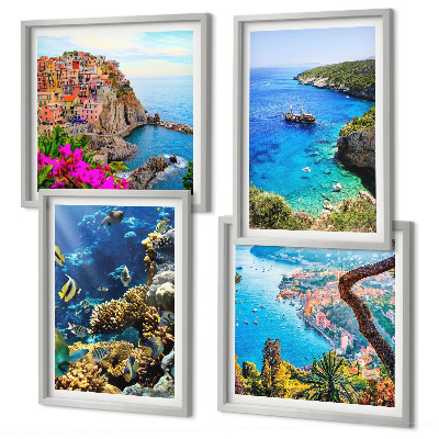 Set de 4 cuadros para salón Vistas al mar, casas coloridas