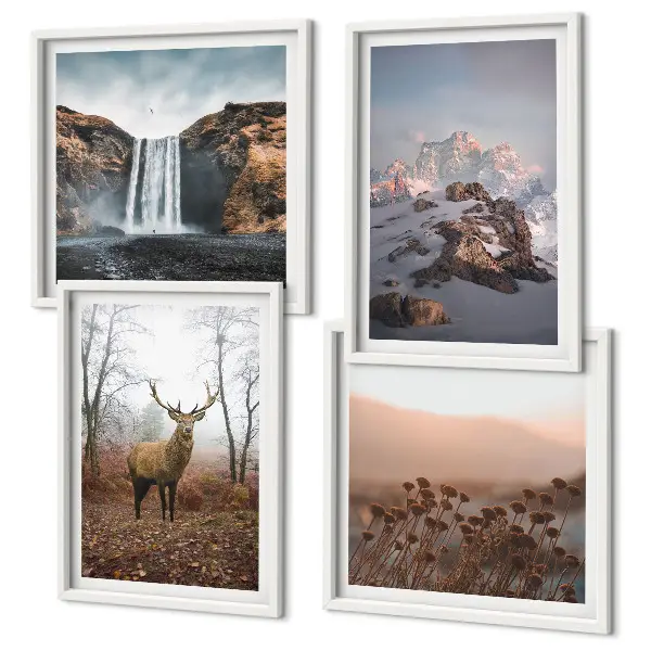 Set de 4 cuadros para salón con paisajes de montañas y ciervos