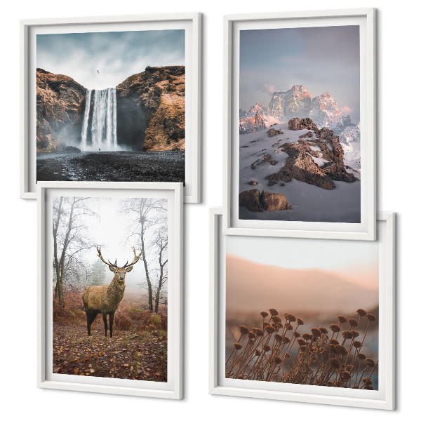 Set de 4 cuadros para salón paisajes salvajes montañas ciervos