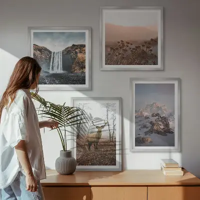 Set de 4 cuadros para salón con paisajes de montañas y ciervos