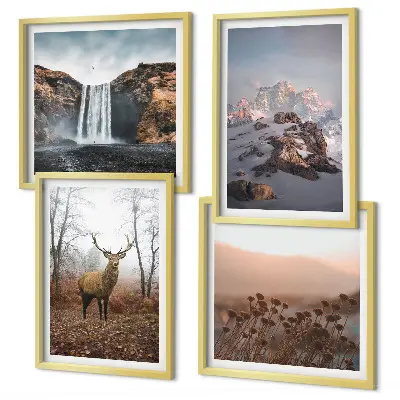 Set de 4 cuadros para salón con paisajes de montañas y ciervos